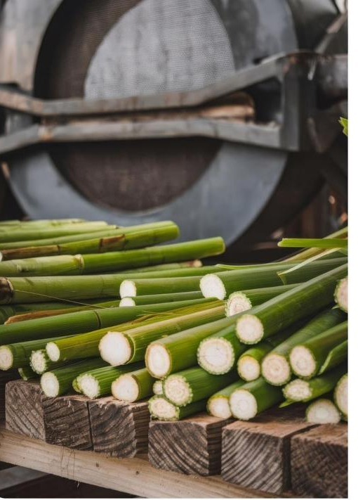 Sugarcane stalks at a processing mill